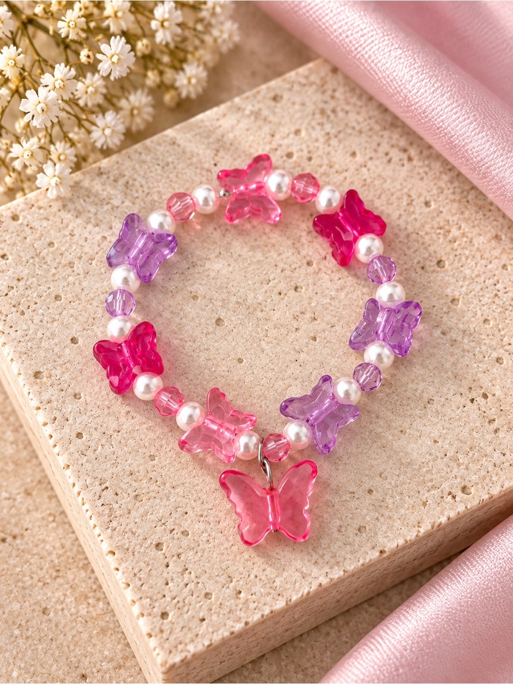 Kids Butterfly Bead Bracelet - Pink & Purple